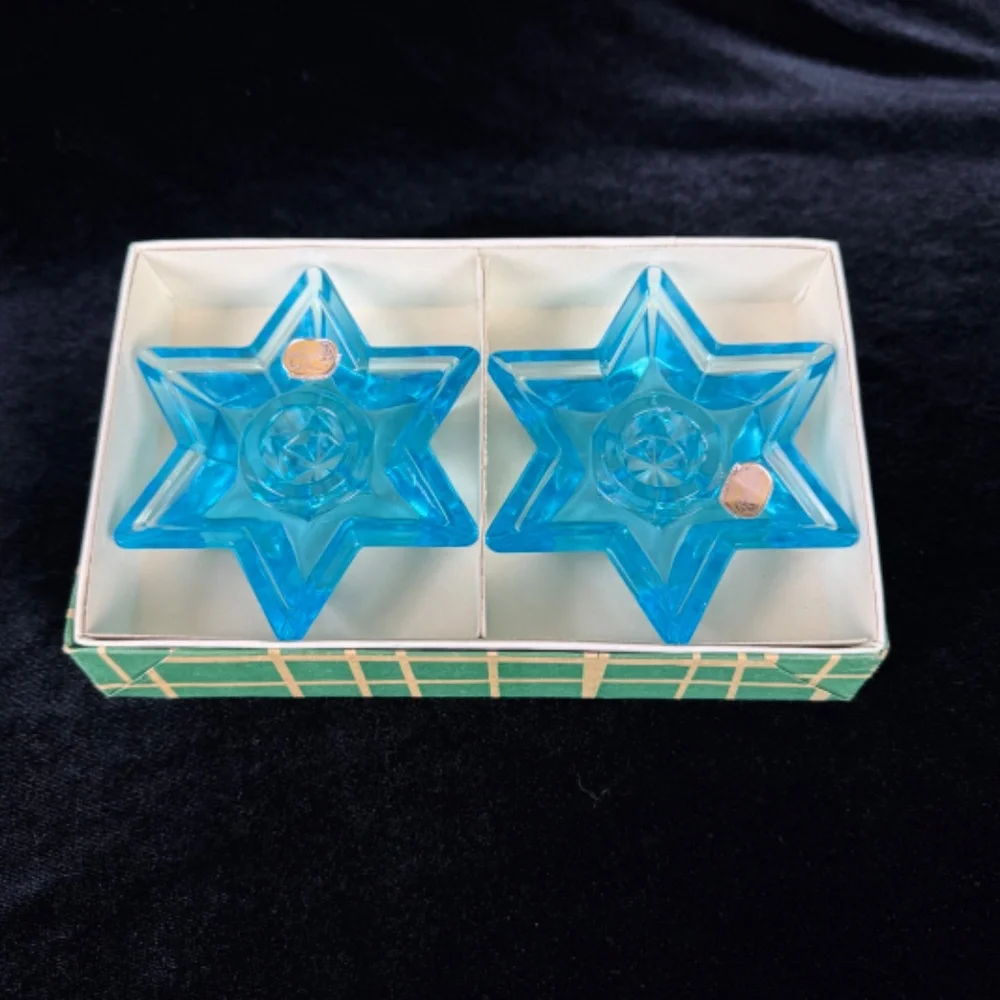 2 Blue Star of David Candleholders Vintage MCM Bohemian Glass Original Box - Picture 10 of 10